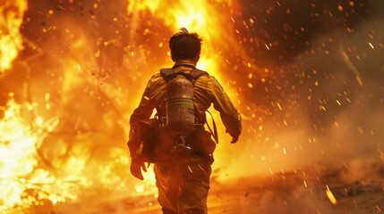 Fototapeta premium Brave and handsome firefighters risked their lives and rushed towards the huge flames at the scene.