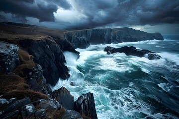 Obraz premium A rugged coastline with dramatic cliffs and crashing waves under a stormy sky 