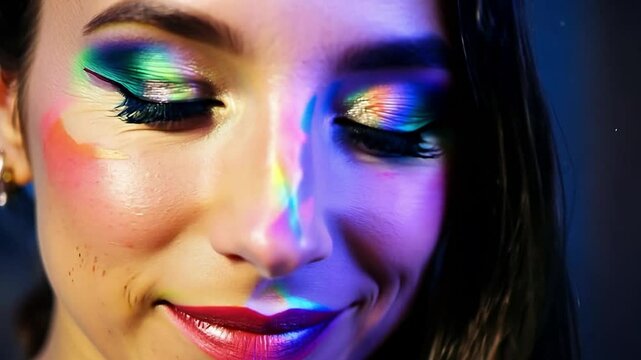 Slow motion portrait of a young woman from the Pride scene with rainbow coloured makeup.