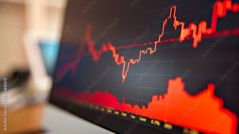 Fototapete a close-up of a computer screen showing a stock market graph with a red downward trend.