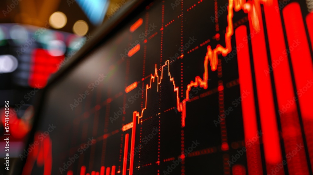 Fototapete a close-up of a computer screen showing a stock market graph with a red downward trend.