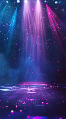 The stage background is full of colorful lights