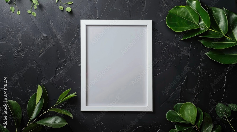 Poster white photo frame mockup on dark gray background with bokeh top view with copy space