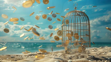 Golden coins escaping from an open birdcage into a clear blue sky, representing wealth and newfound freedom