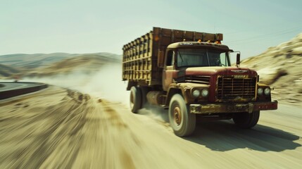Fototapeta premium A rusty truck drives through a dusty desert road, kicking up a cloud of sand