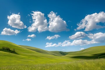 Obraz premium Rolling green hills under a bright blue sky with scattered fluffy clouds, a perfect summer day 