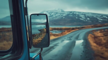 A winding road leads through a rugged, snow-capped mountain landscape