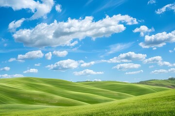 Obraz premium Rolling green hills under a bright blue sky with scattered fluffy clouds, a perfect summer day 