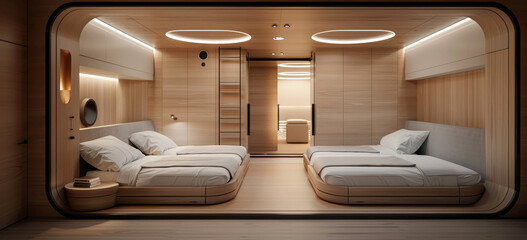 Fototapeta premium A bedroom with two beds and a nightstand by AI generated image
