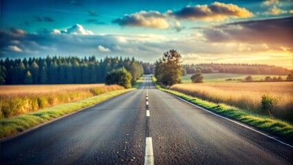 Obraz premium Countryside Road Blur: A charming empty asphalt road with blurred fields and rustic landscapes. 