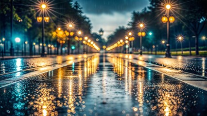 Fototapeta premium Rainy Road Blur: A wet empty asphalt road with blurred reflections of streetlights on the rain-soaked pavement. 