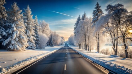 Obraz premium Winter Road Blur: A tranquil empty asphalt road with blurred snow-covered landscapes and frosty trees. 