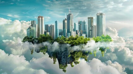 Fototapeta premium Green Life. Elegant Modern Business Center on Floating Eco Island with Green Skyscrapers