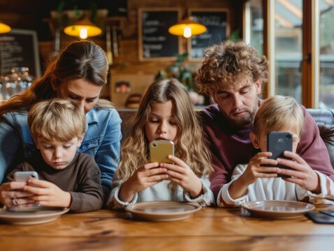 Family Using Smartphones at a Cafe Table, Bored Kids, Busy Adults, Phone Addiction, Modern Life, Technology Use, Family Time, Casual Cafe, Coffee Shop, Interior, Eating Out. - Powered by Adobe