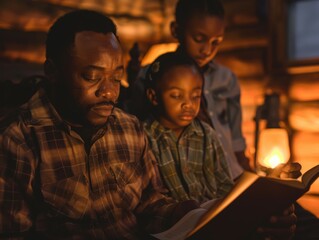 African American Father Reading to His Children by Lamplight in a Rustic Cabin