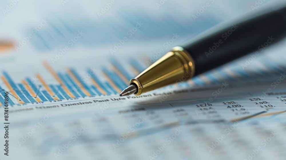 Poster a close-up of a pen pointing at a financial graph on a printed report.
