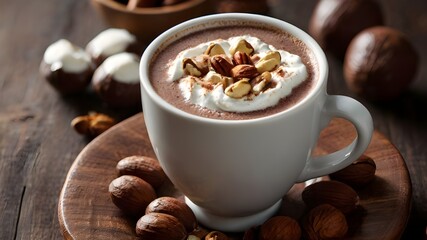 Fototapeta premium there is a hot chocolate drink with whipped cream and nuts on the table, hot cocoa drink, with a cup of hot chocolate, cappuccino, hot coffee, cozy cafe background, high quality food Generative AI