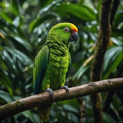 Fototapeta premium An Amazon parrot with its bright green plumage in a tropical rainforest.