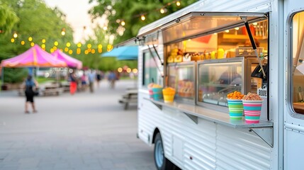 A food truck at a park serving delicious snacks to customers.