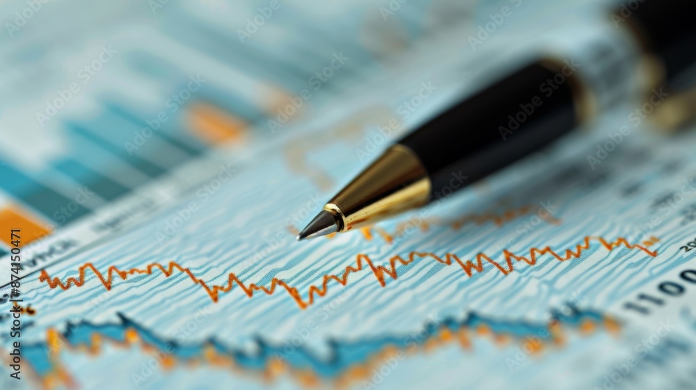 Leinwandbilder a close-up of a stock market graph printed on a financial report with a pen highlighting key points.