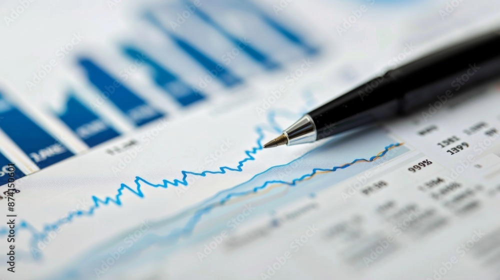Leinwandbilder a close-up of a stock market graph printed on a financial report with a pen highlighting key points.