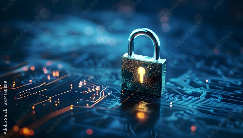 Poster digital padlock for computing system on dark blue background, cyber security technology for fraud pr