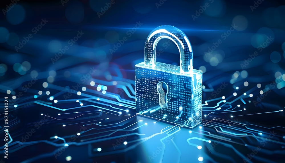 Poster digital padlock for computing system on dark blue background, cyber security technology for fraud pr
