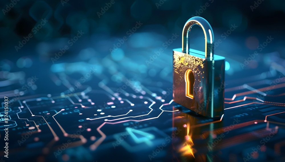 Poster digital padlock for computing system on dark blue background, cyber security technology for fraud pr