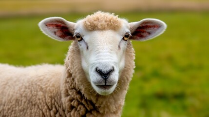 A sheep with a white face and brown ears is staring at the camera. The sheep is in a green field