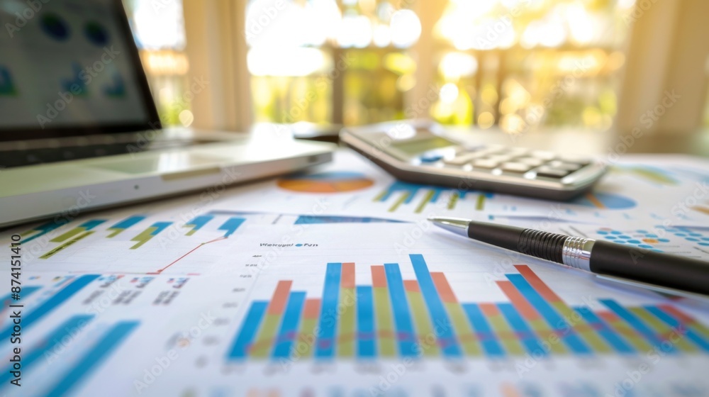 Poster a close-up of financial graphs and charts on a desk, with a calculator and pen nearby.