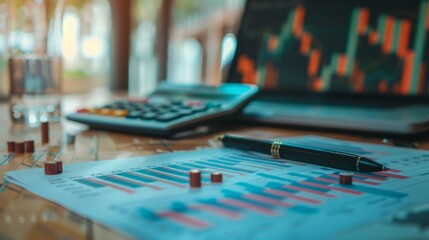 Fototapeta premium A close-up of financial graphs and charts on a desk, with a calculator and pen nearby.