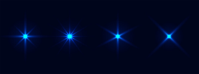 A realistic vector illustration of various light effects on a black background, including sparkling stars and flickering and flashing lights.Collection of different light effects on black background. 