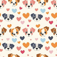 Seamless pattern a funny puppies and hearts. A nice simple tileble wallpapers with light background