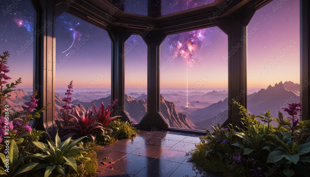 Poster futuristic view from a window with mountains and galaxy.