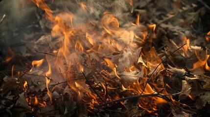 A close-up of flames engulfing dry leaves and twigs, creating intense smoke in a controlled burn.