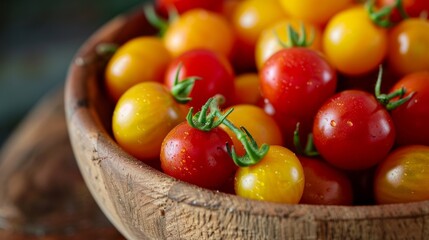 A close-up of fresh cherry tomatoes arranged in a wooden bowl, showcasing their vibrant colors.