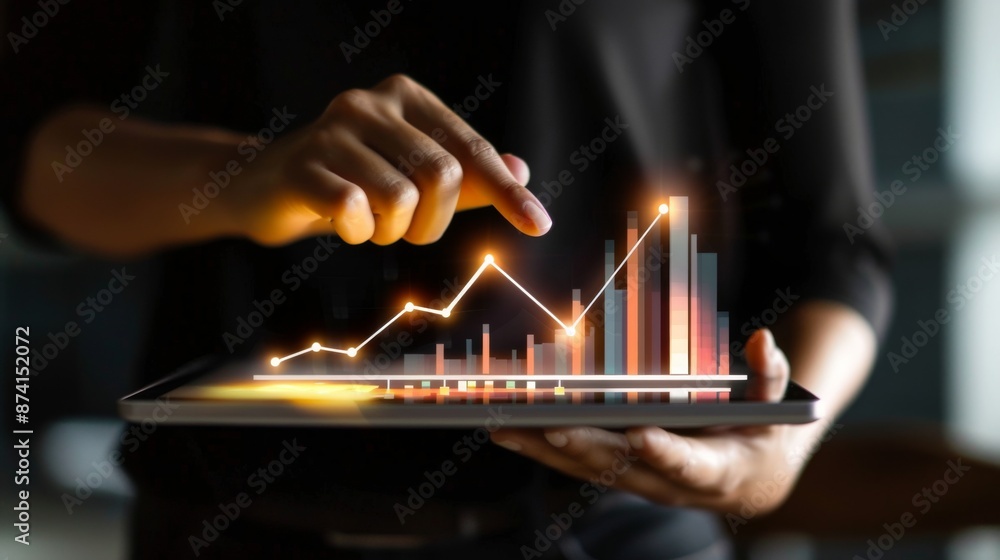 Poster a close-up of hands holding a tablet displaying a business growth graph with upward trends.