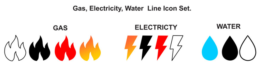 Gas, electricity, water public utilities line icon set. Editable stroke illustration