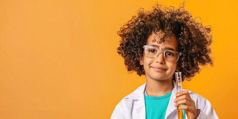 An image of a child, representing curiosity and scientific exploration, holding test tubes in front of an orange background, wearing glasses and a lab coat
