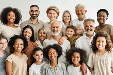 A large group of happy people from different ethnic groups and different generations of people	