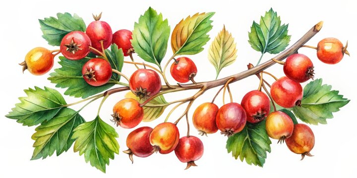 watercolor hawthorn berries branch, red and green clip art preview