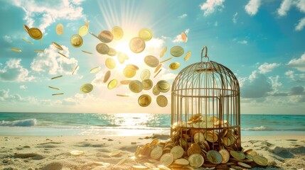 Golden coins escaping from an open birdcage into a clear blue sky, representing wealth and newfound freedom