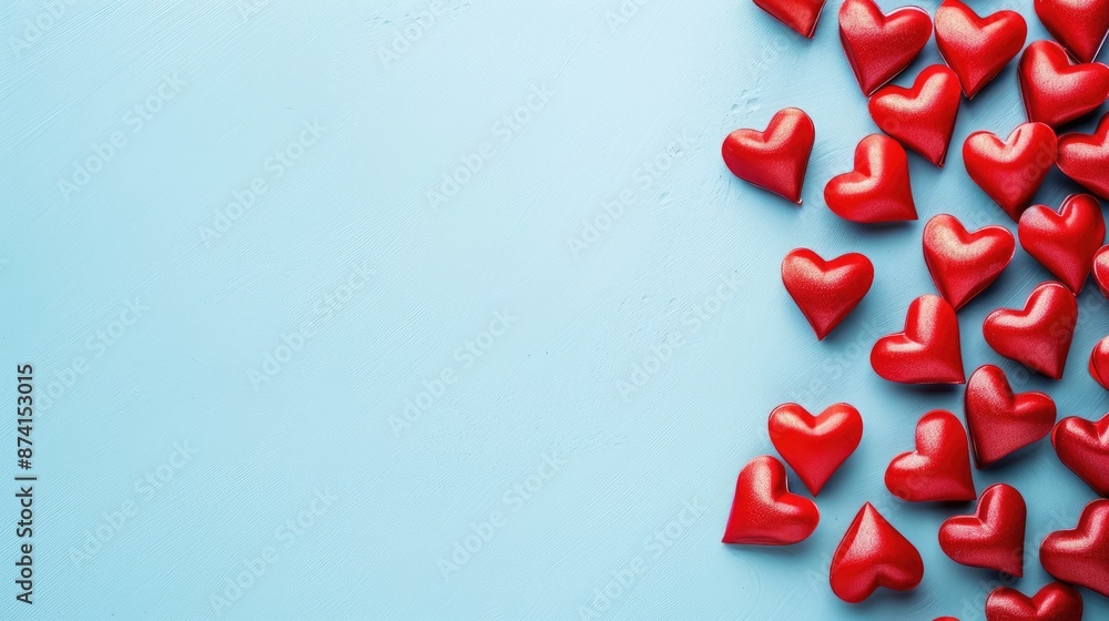 Poster valentine s day greeting card with red heart shapes on blue background top view with space for messa