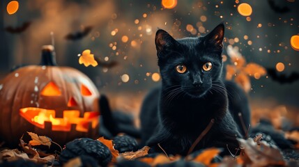 Fototapeta premium Black cat and pumpkin scene, Halloween backdrop, space for text,