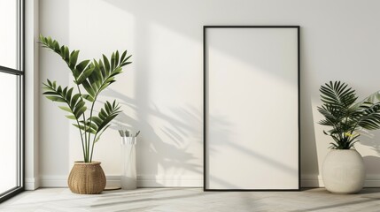 mock up poster frame on the floor in modern interior background, living room