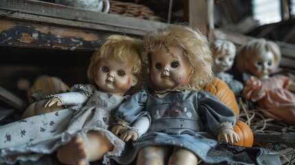 Obraz premium Creepy dolls and old attic, Halloween, space for text,