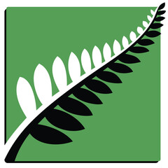 Silver fern iconic symbol of New Zealand minimalist style logo design, black and white on green background. Vector illustration.  © Monktwins