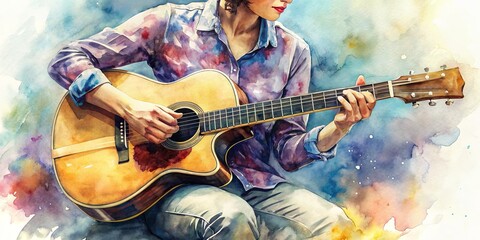 Watercolor Painting of Acoustic Guitar Player