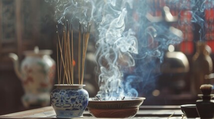 A close-up of smoke rising from incense sticks, creating a tranquil and aromatic ambiance.