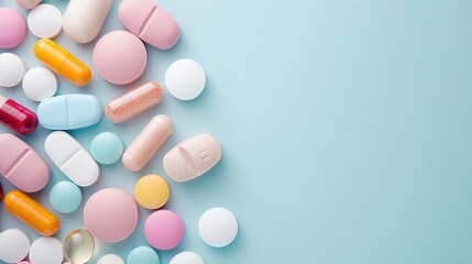 Colorful pills and capsules on blue background with copy space.